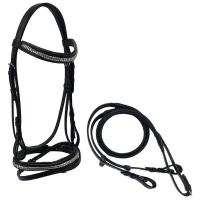 ENGLISH LEATHER BRIDLE WITH BRASS DECORATIONS RUBBER REINS